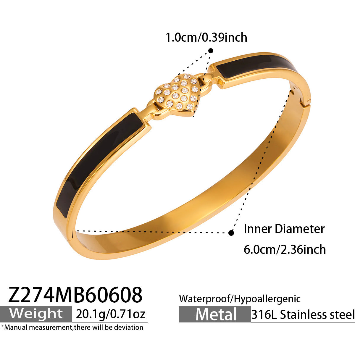 Z274 heart zircon enamel bangle size card showing 316L stainless steel material and 18K gold finish