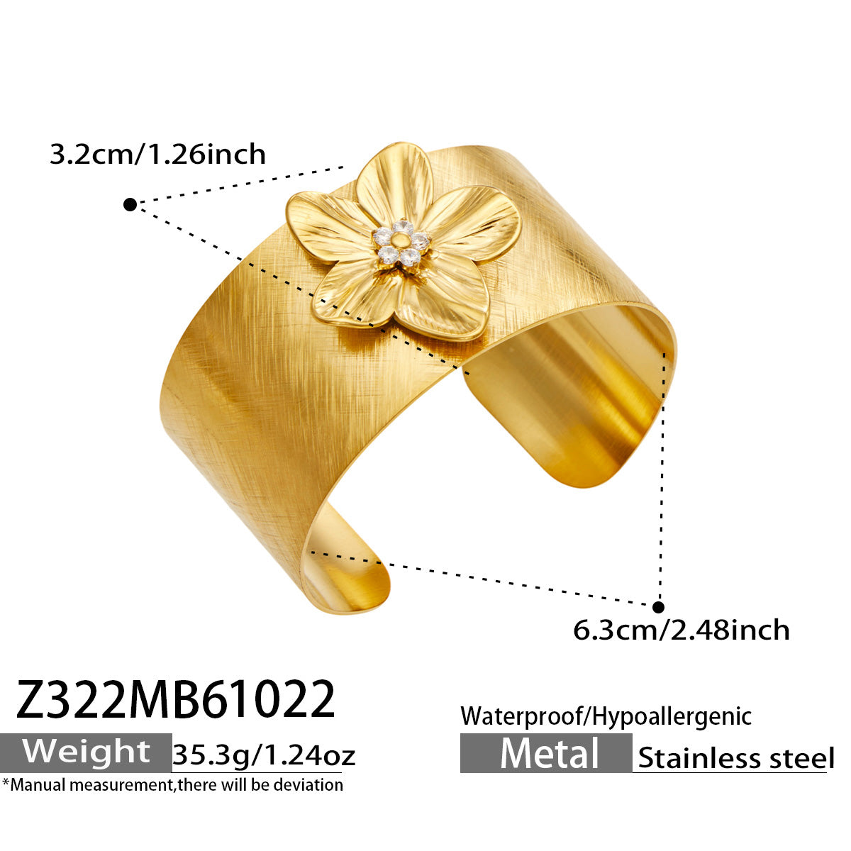 Z322 gold-tone flower cuff bangle with zircon detail and size specifications