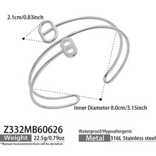 Z332 steel H-shaped zircon buckle open cuff bracelet made from 316L stainless steel with double layer bangle design