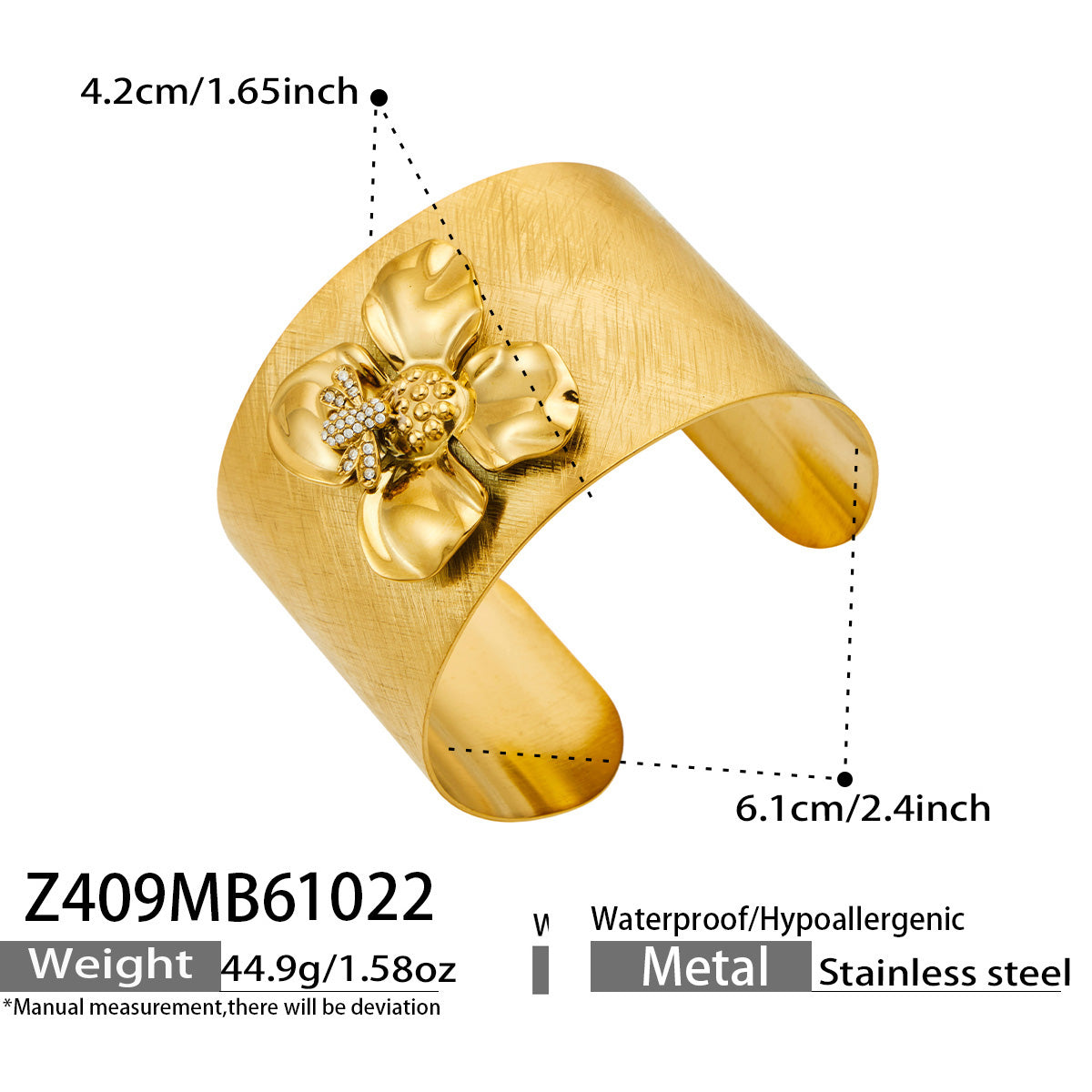 Z409 gold-tone bee and flower cuff bangle with size and weight specifications