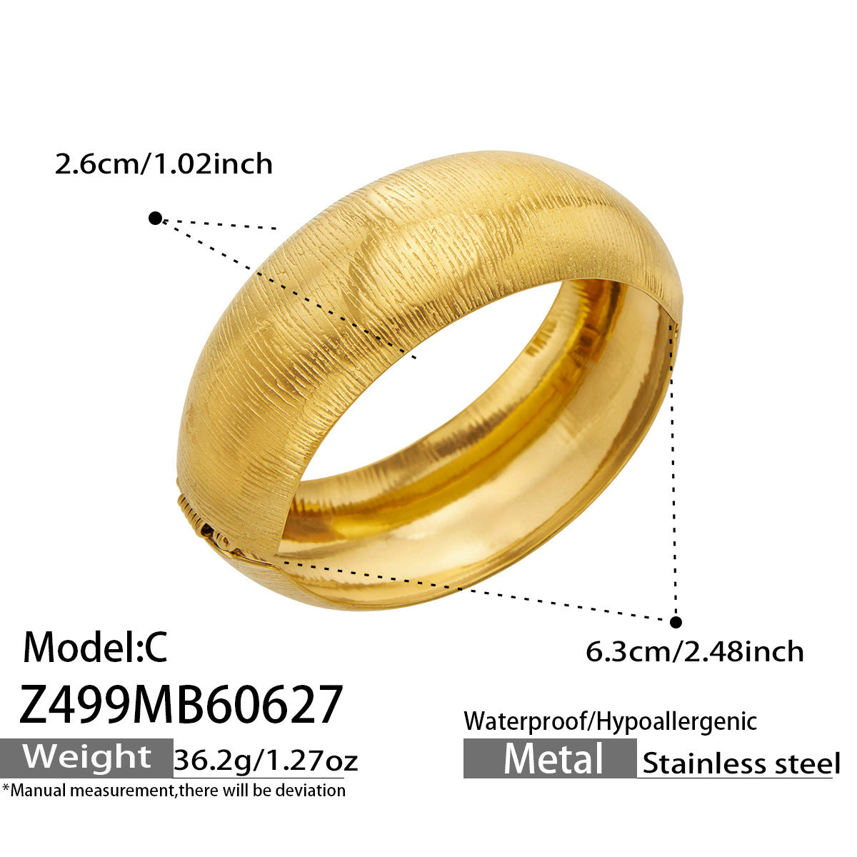 Z499 model C gold tone brushed texture wide bangle bracelet in 316L stainless steel, bold 2.6cm statement bangle for boutique jewelry displays