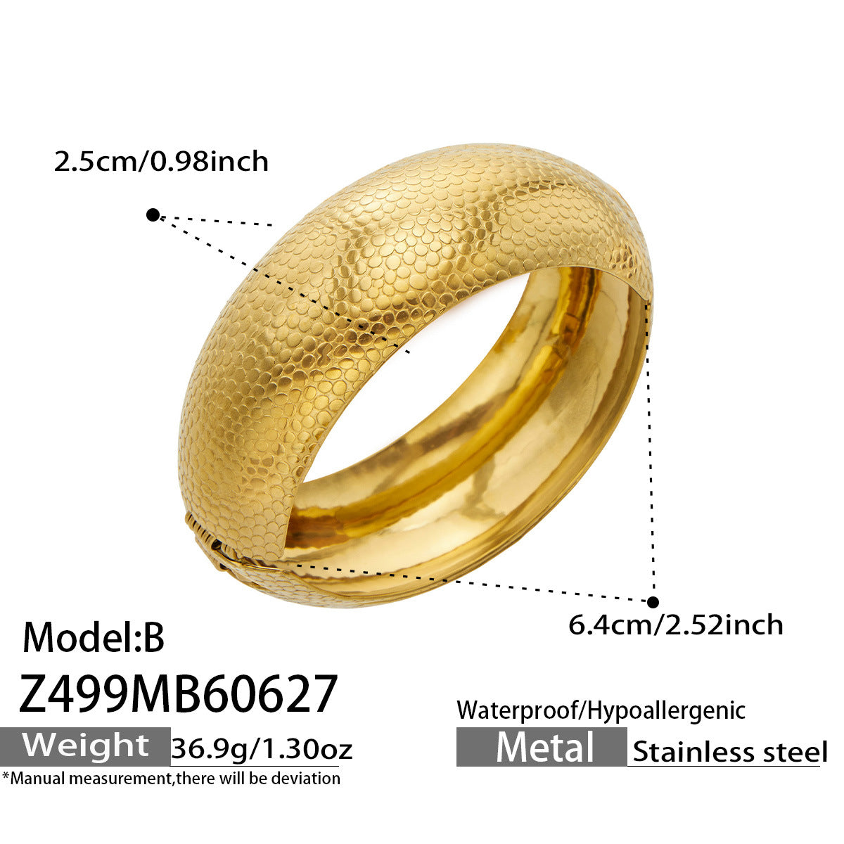 Z499 model B gold tone pebble texture wide bangle bracelet with irregular hammered metal surface, 316L stainless steel statement jewelry
