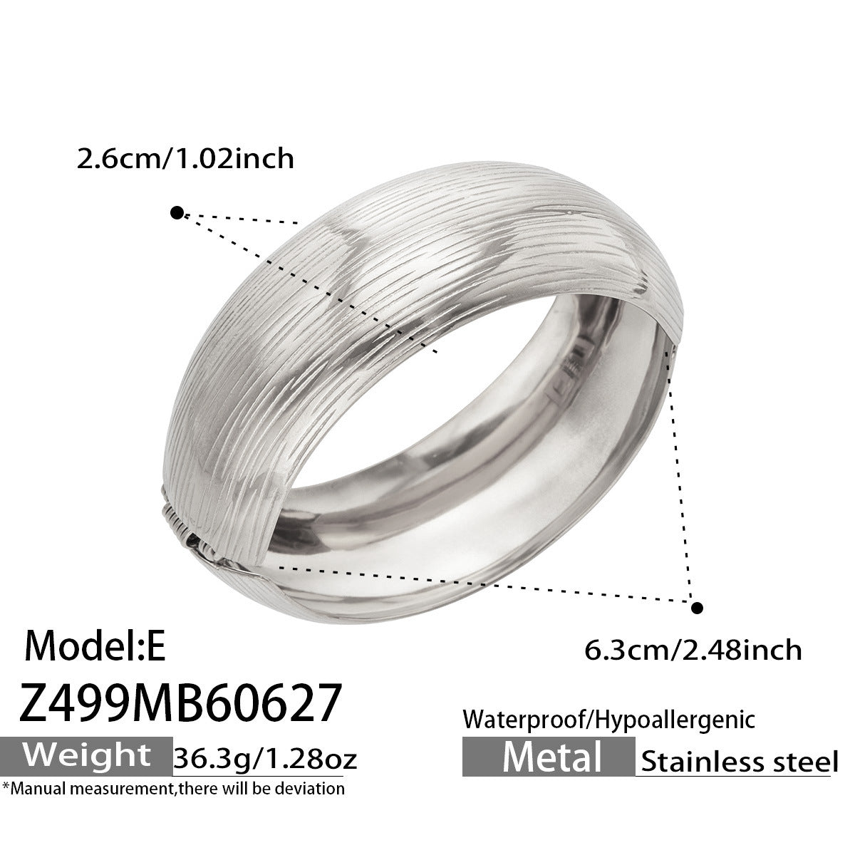 Z499 model E steel tone brushed texture wide bangle bracelet made from 316L stainless steel, minimalist wide statement bangle for women