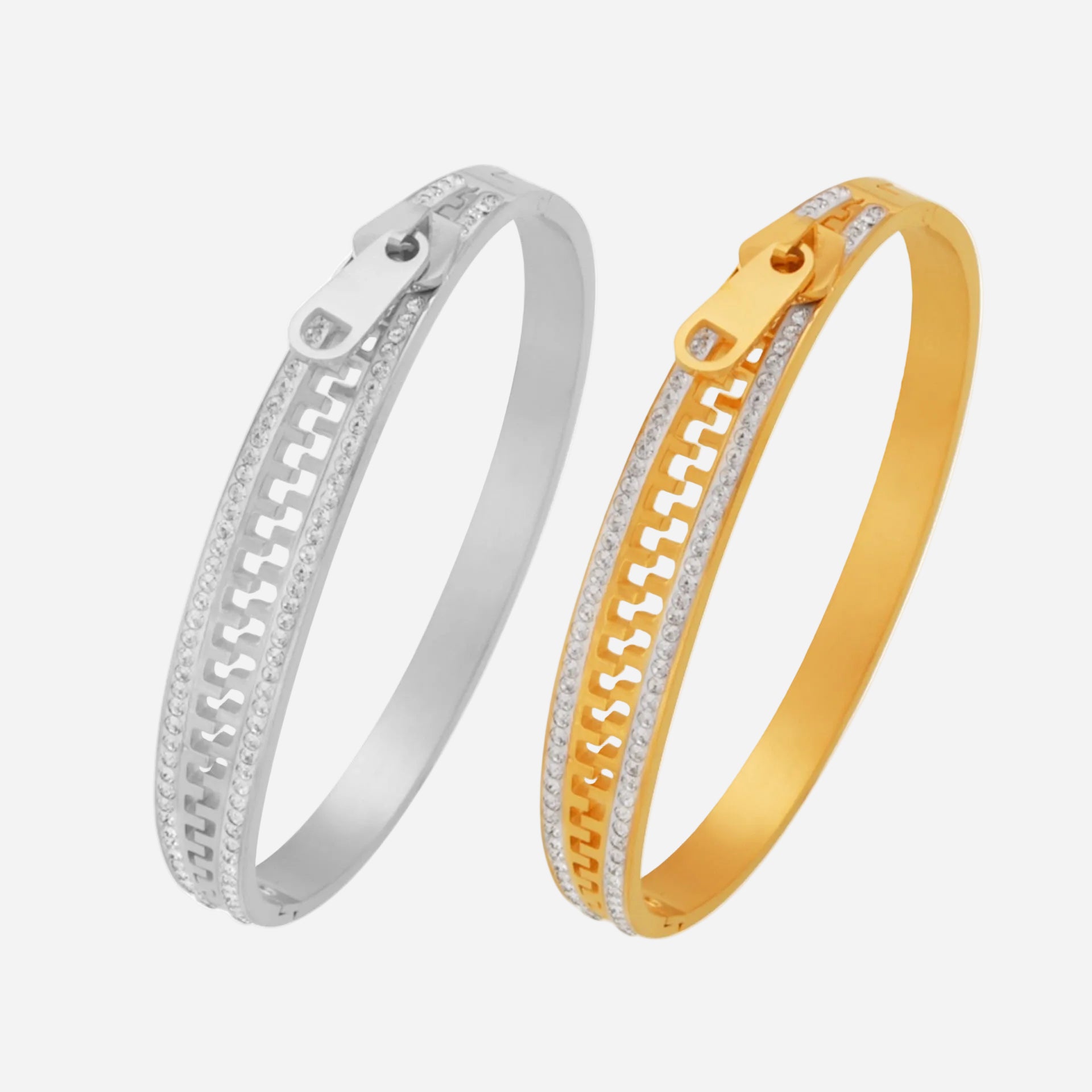 18k pvd gold and stainless steel zipper rhinestone bangle, white background display