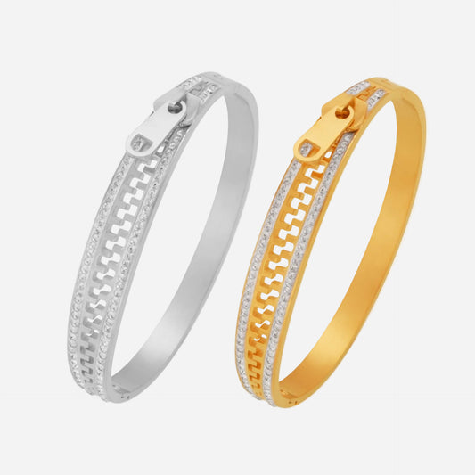 18k pvd gold and stainless steel zipper rhinestone bangle, white background display