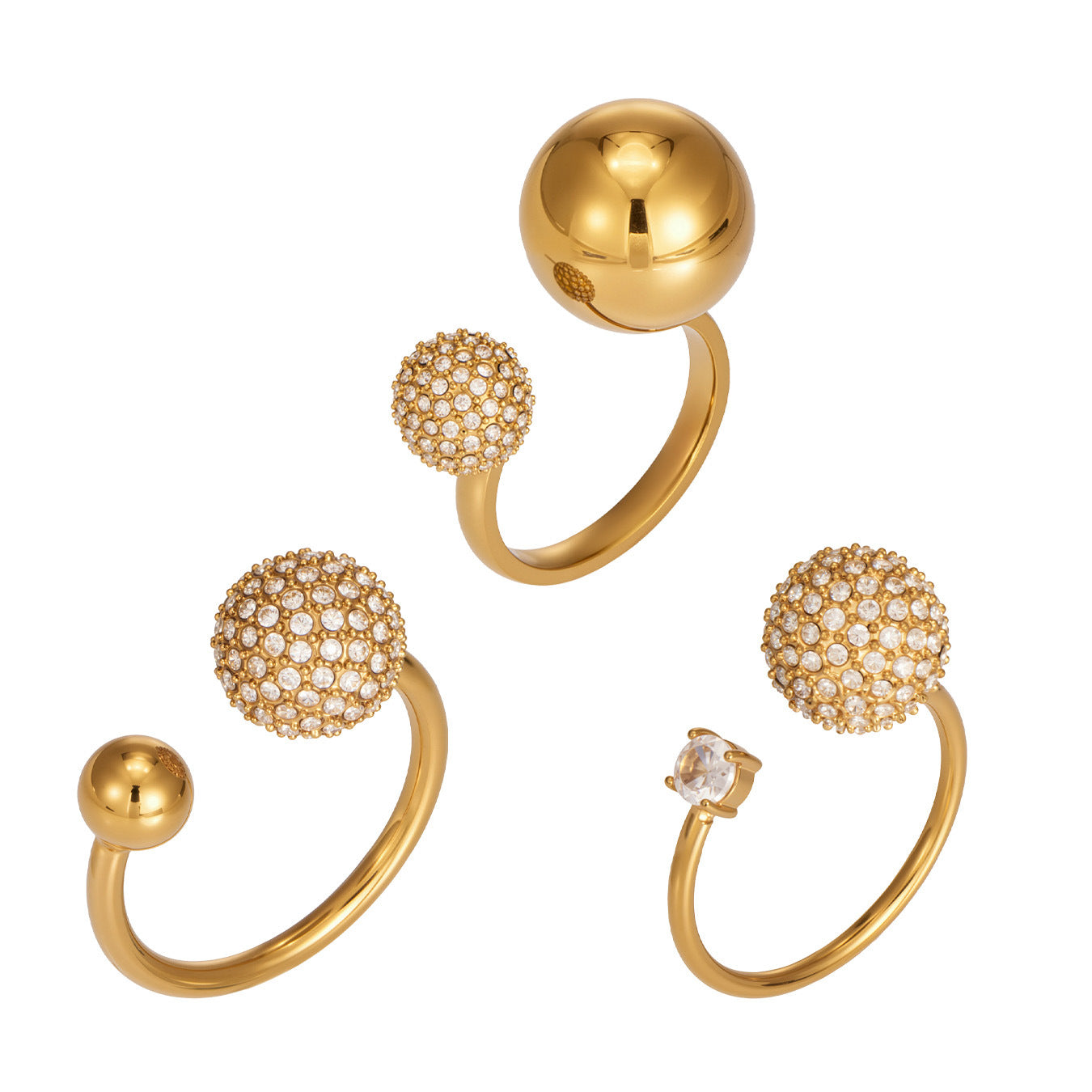 Three zircon ball open ring styles in 316L stainless steel with 18K PVD gold finish for wholesale boutique buyers