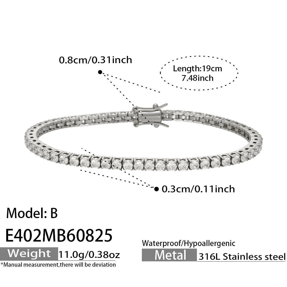 Close-up of pink zircon detail on chain bracelet