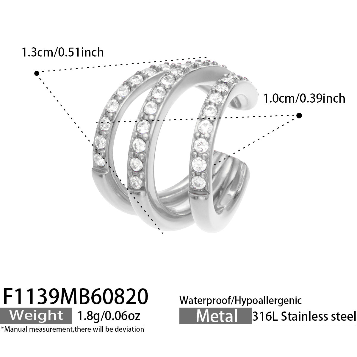 Luxurious 316L stainless steel zircon ear clip in gold color