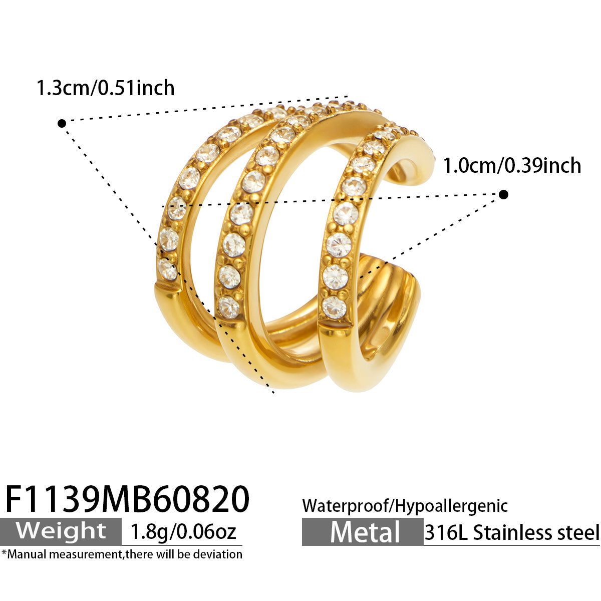 316L Stainless Steel 18K PVD Gold Zircon C-Shaped Ear Clips made with 316L stainless steel and 18K PVD gold finish for wholesale jewelry buyers - image 4