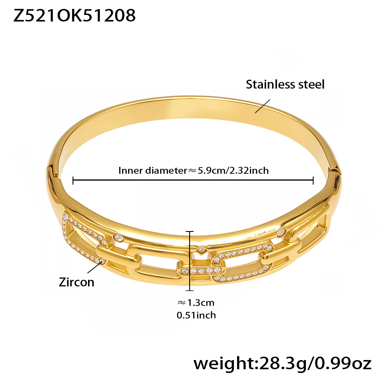 18k pvd gold stainless steel zircon chain open bangle, inner diameter 5.9cm, weight 28.3g