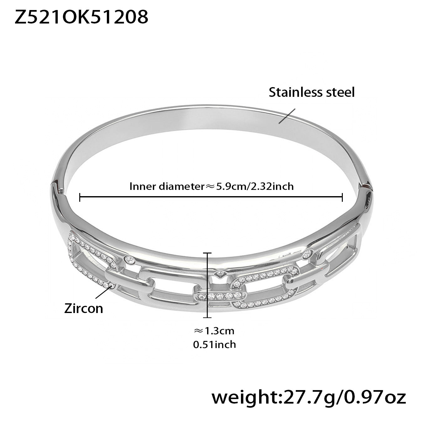 silver stainless steel zircon chain open bangle, inner diameter 5.9cm, weight 27.7g, zircon detail