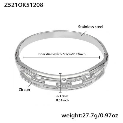 silver stainless steel zircon chain open bangle, inner diameter 5.9cm, weight 27.7g, zircon detail