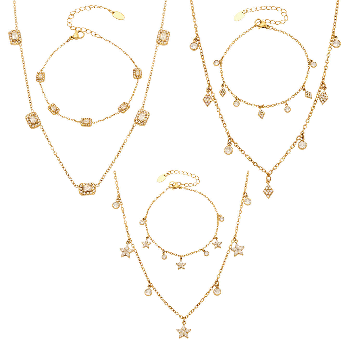 18K PVD gold zircon charm necklace and bracelet collection with square, diamond and flower charm styles