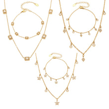 18K PVD gold zircon charm necklace and bracelet collection with square, diamond and flower charm styles