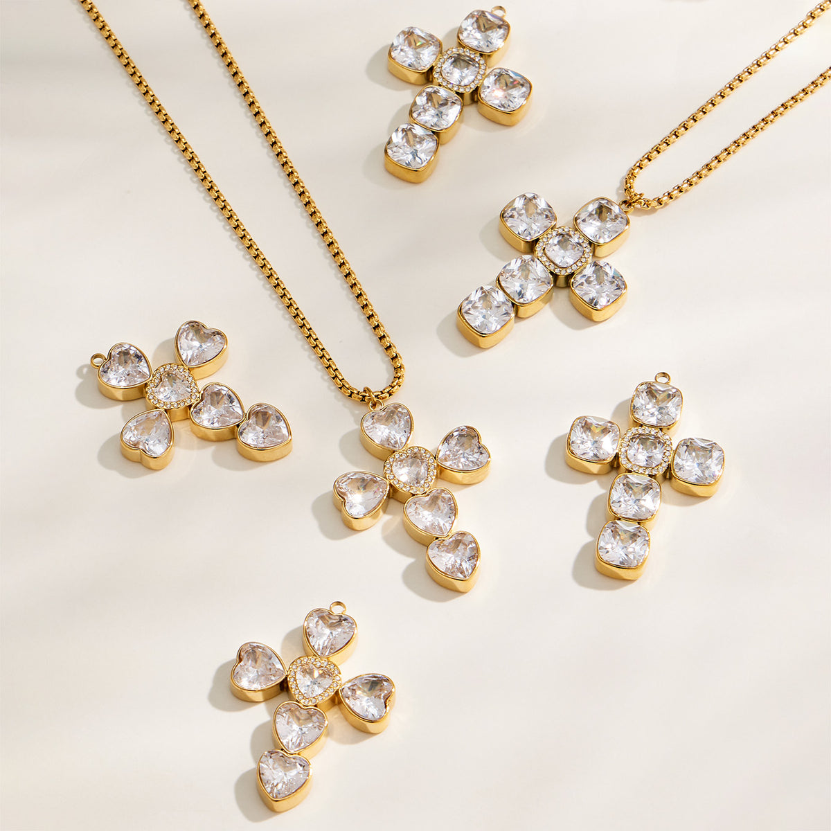 Square and heart zircon cross necklace and pendant assortment in gold tone