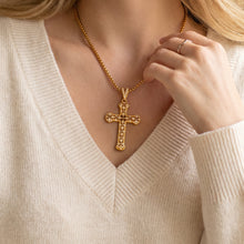 Zircon cross pendant necklace worn on model