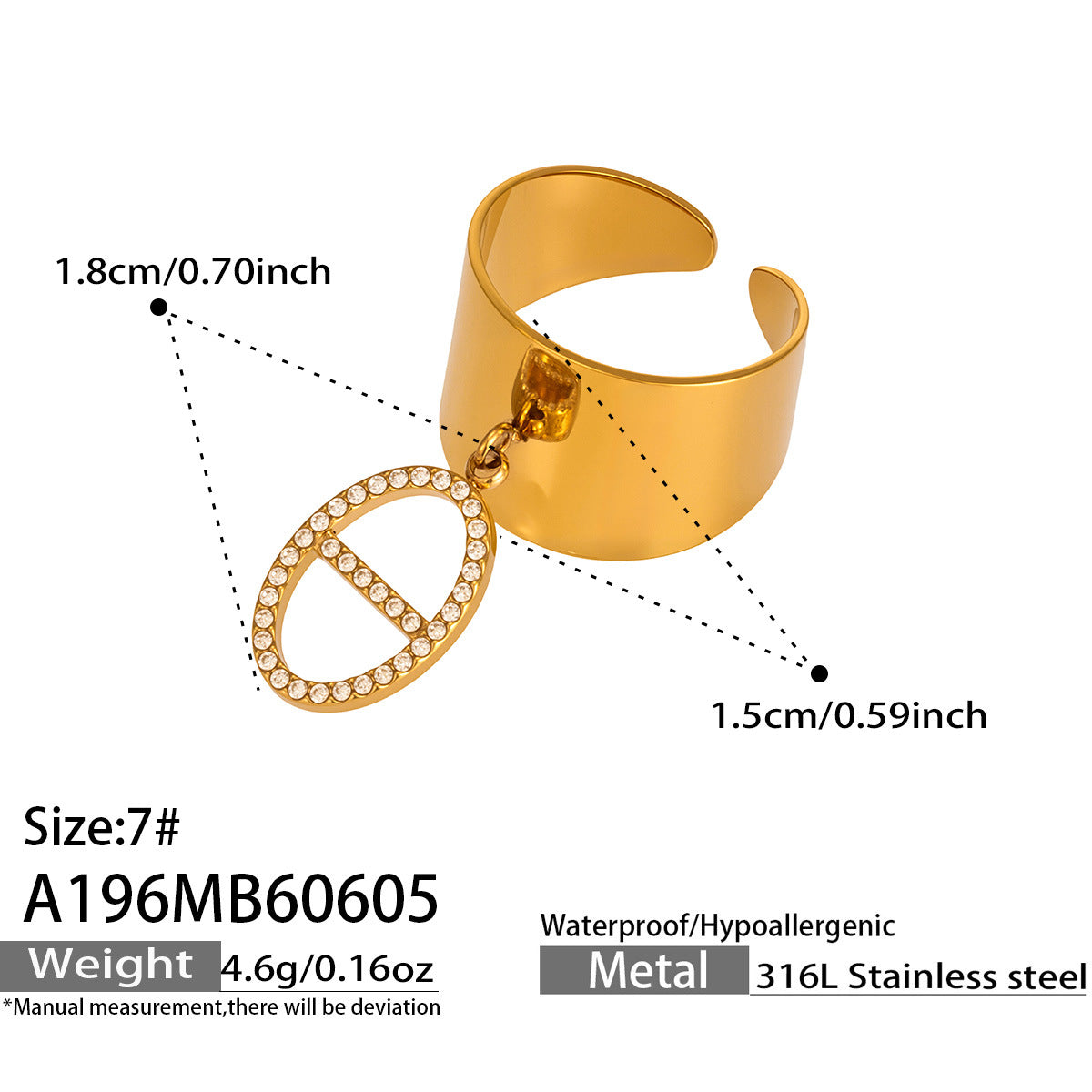 316L Stainless Steel 18K PVD Gold Zircon Open Ring made with 316L stainless steel and 18K PVD gold finish for wholesale jewelry buyers - image 10