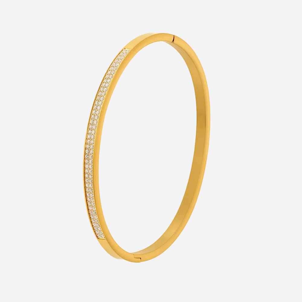 18k pvd gold stainless steel zircon paved slender bangle - shiny crystal inlaid minimalist bracelet