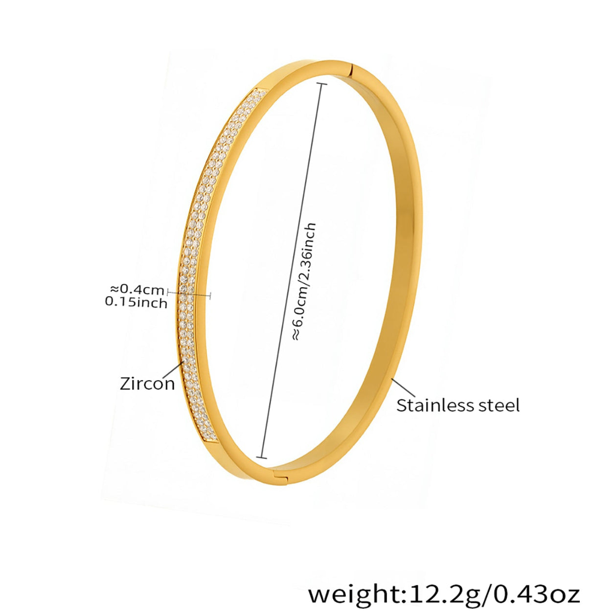 gold zircon paved slender bangle size weight chart - 18k pvd gold plated stainless steel