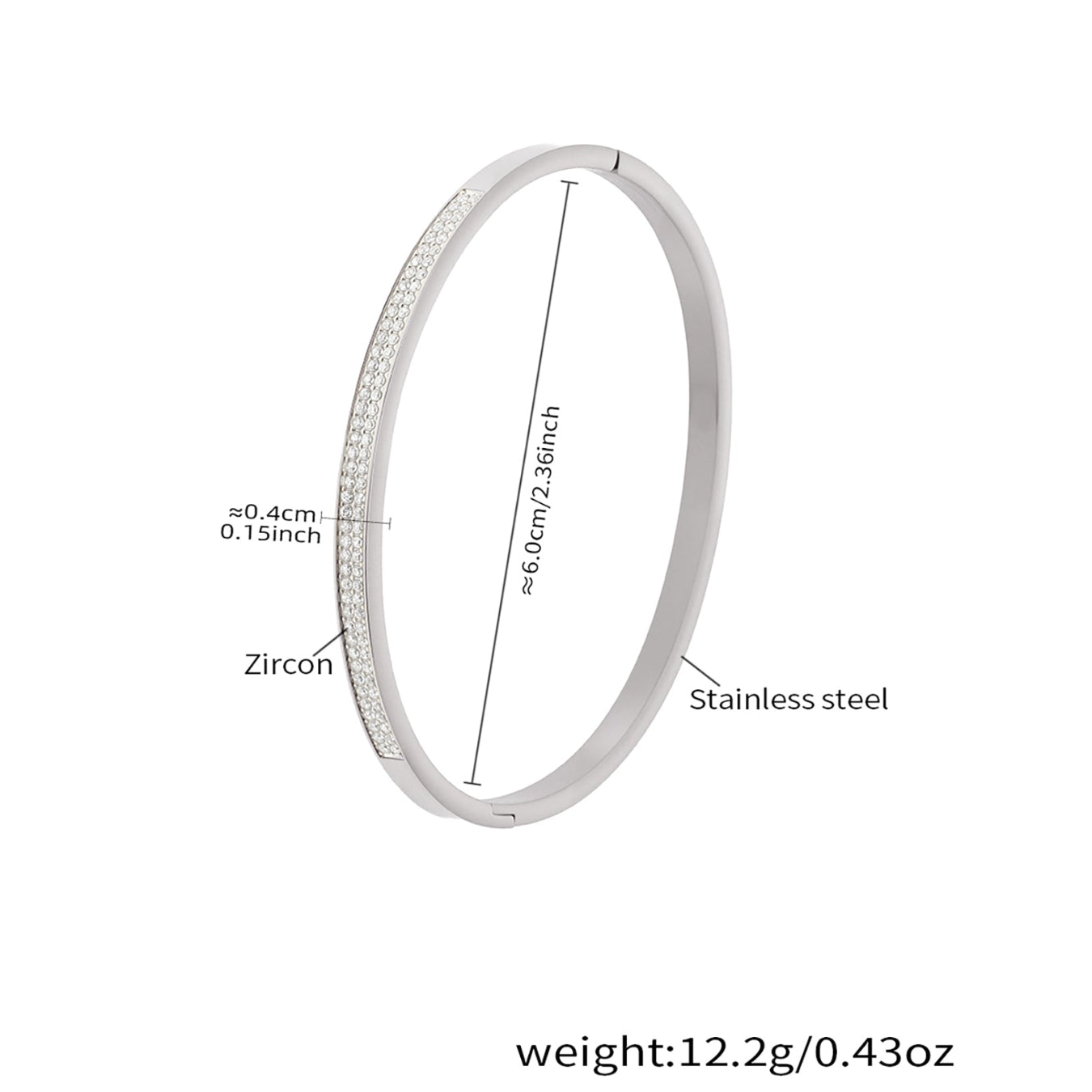 silver zircon paved slender bangle size weight chart - stainless steel jewelry dimensions