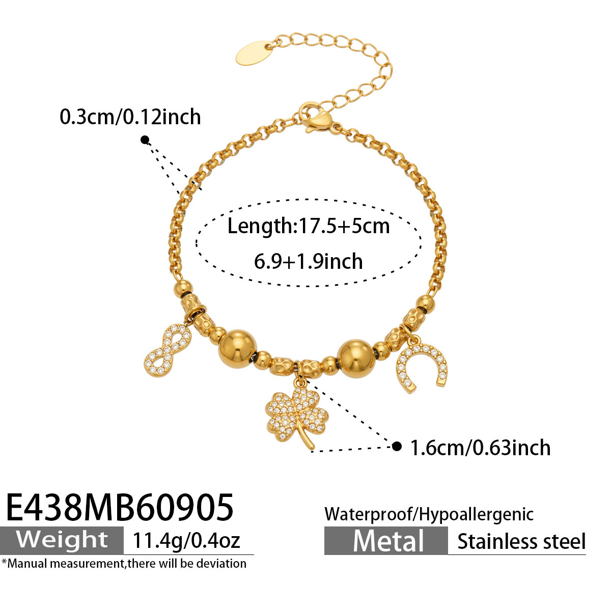 E438 gold multi charm bracelet size guide with 17.5 cm bracelet and extension chain