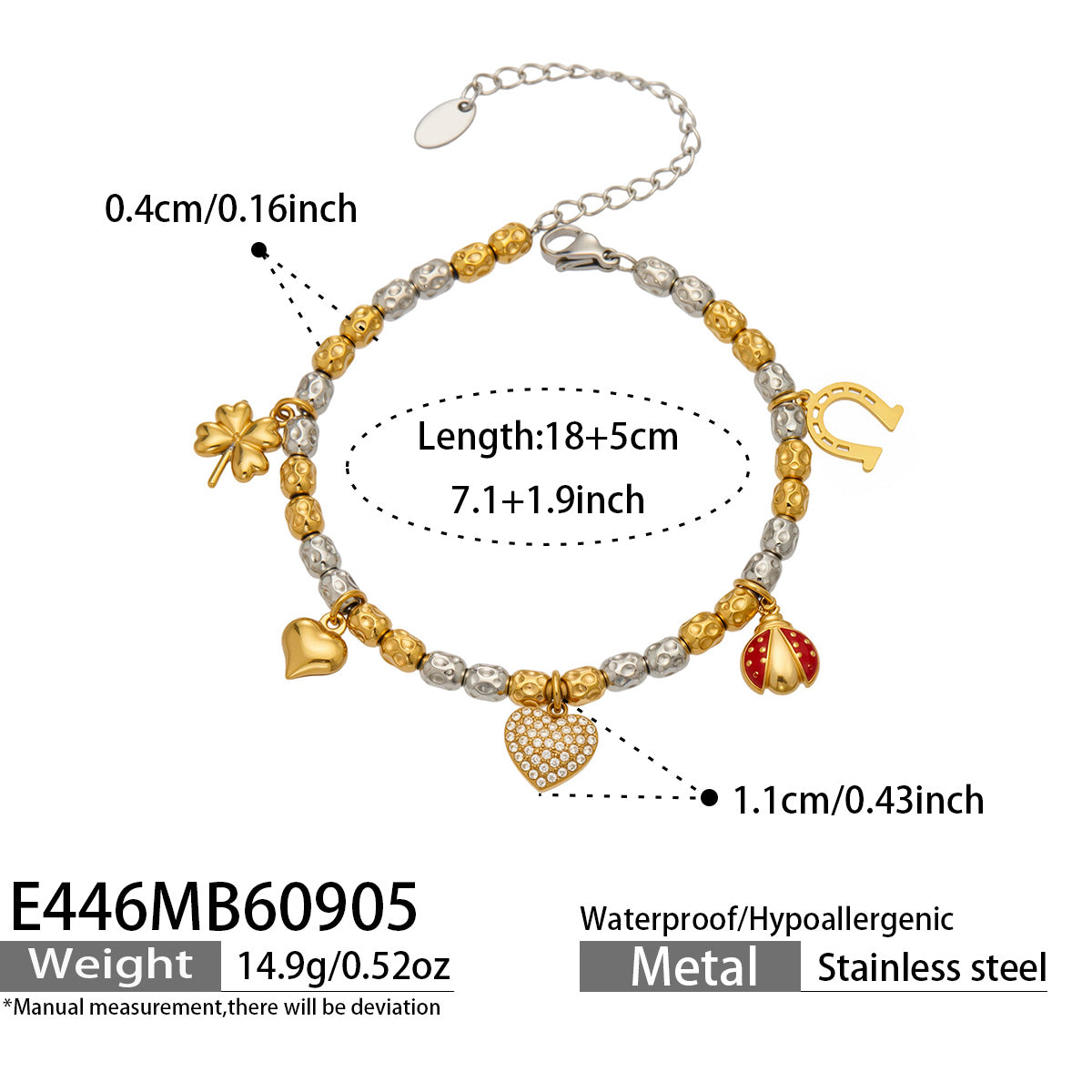 E446 gold multi charm bracelet size guide with 18 cm bracelet and extension chain