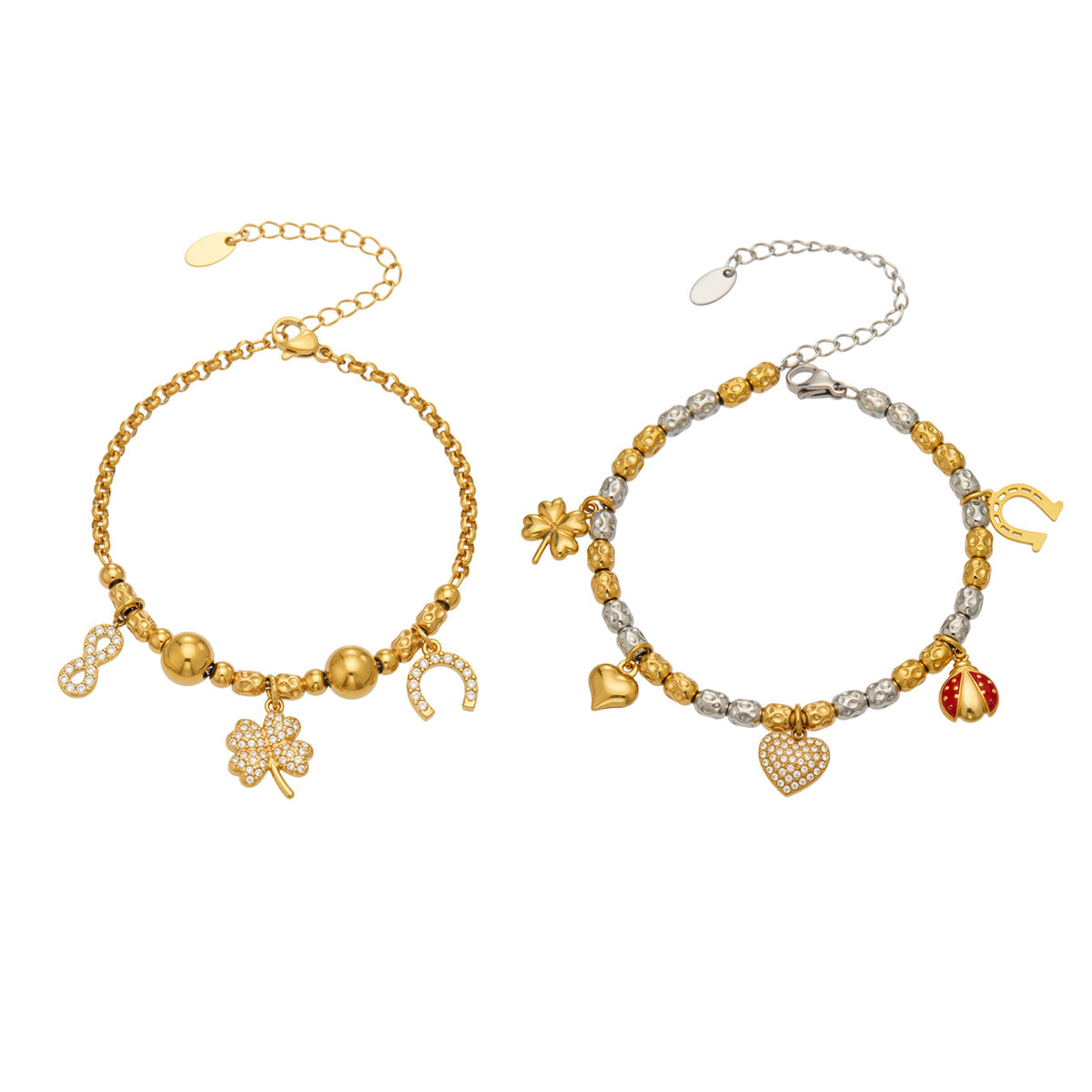 E438 gold multi charm bracelet size guide with 17.5 cm bracelet and extension chain