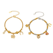 E438 gold multi charm bracelet size guide with 17.5 cm bracelet and extension chain