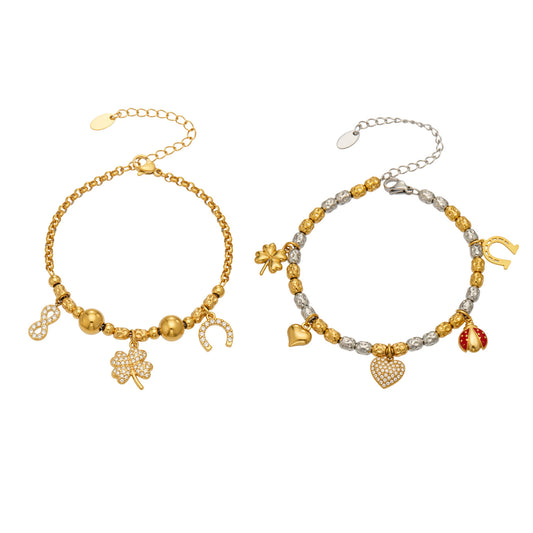 E438 gold multi charm bracelet size guide with 17.5 cm bracelet and extension chain