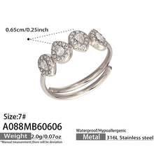 A088 white zircon steel tone ring size card showing 316L stainless steel material and size 7 option