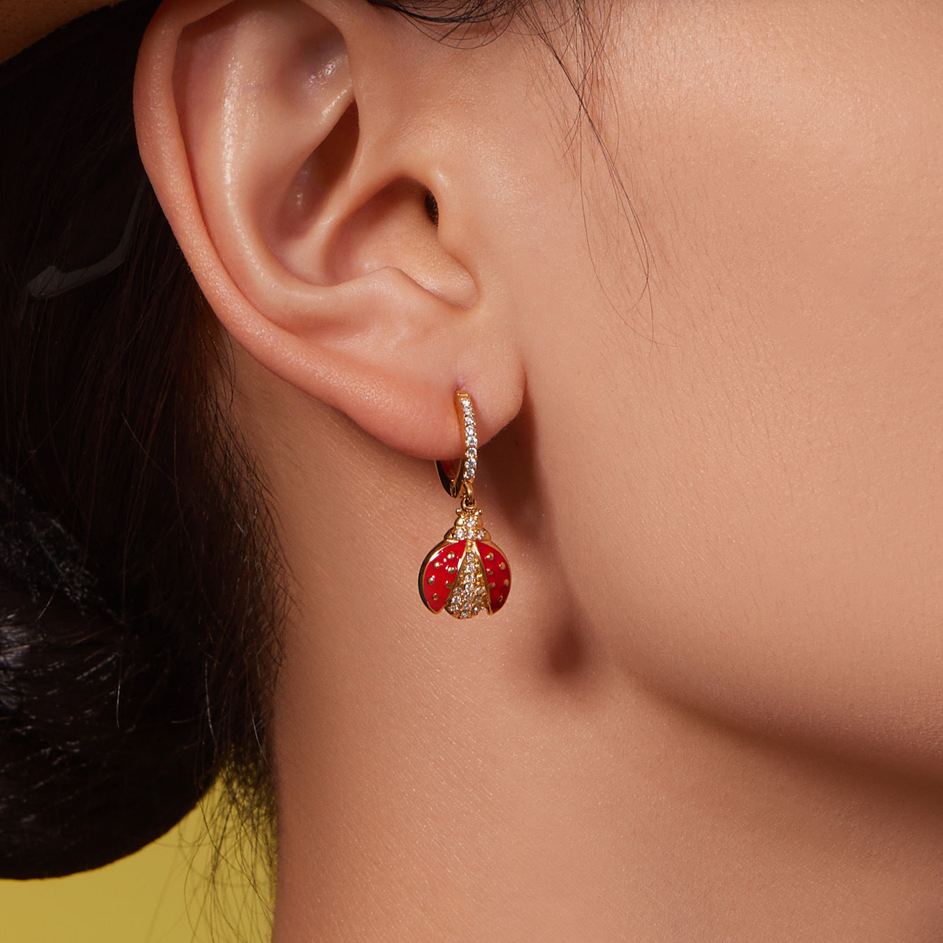 Zirconia Inlaid Enamel Ladybug Jewelry Set - 18K Gold Plated - Image 10