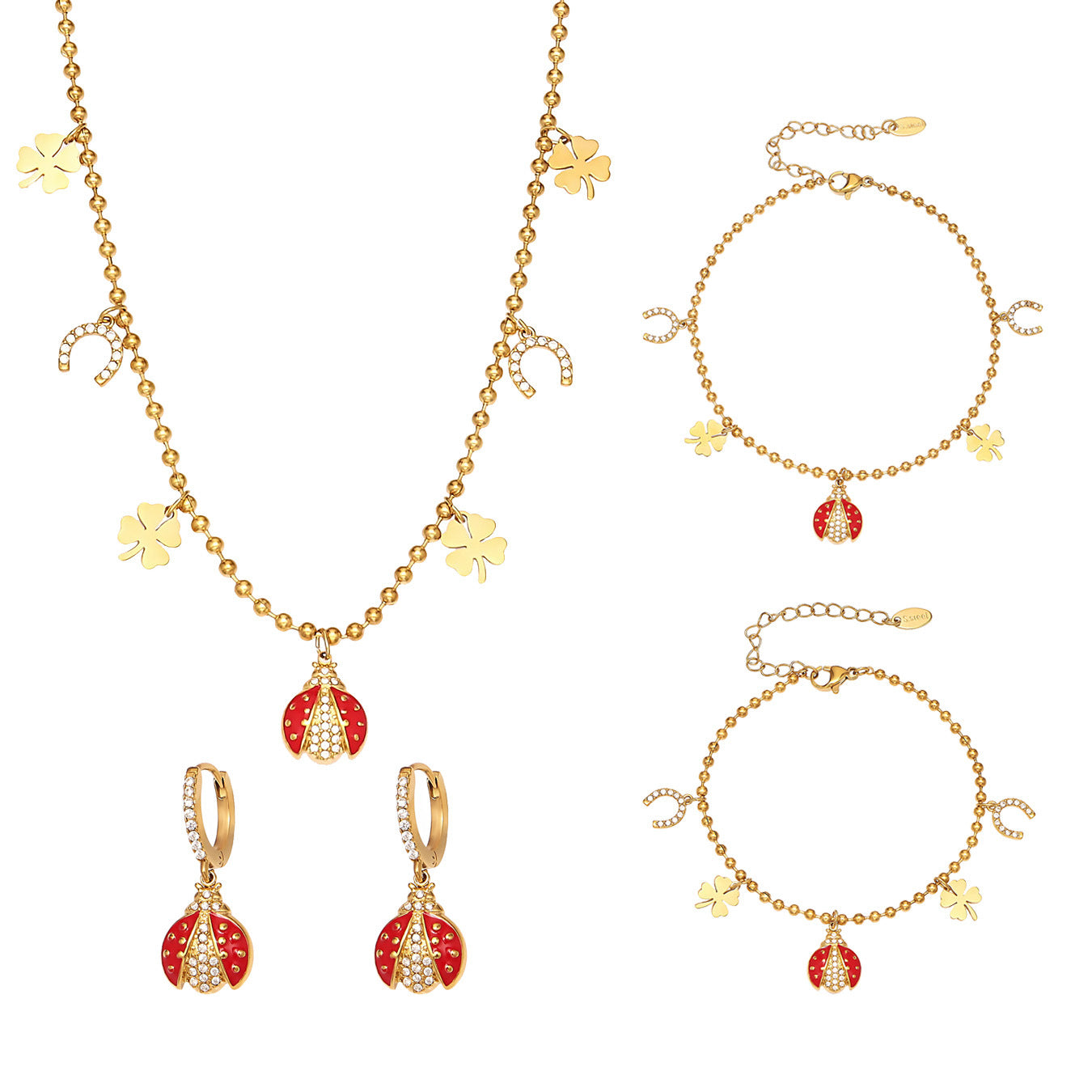 Zirconia Inlaid Enamel Ladybug Jewelry Set - 18K Gold Plated - Image 12