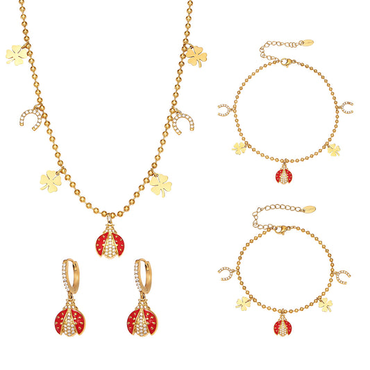 Zirconia Inlaid Enamel Ladybug Jewelry Set - 18K Gold Plated - Image 12