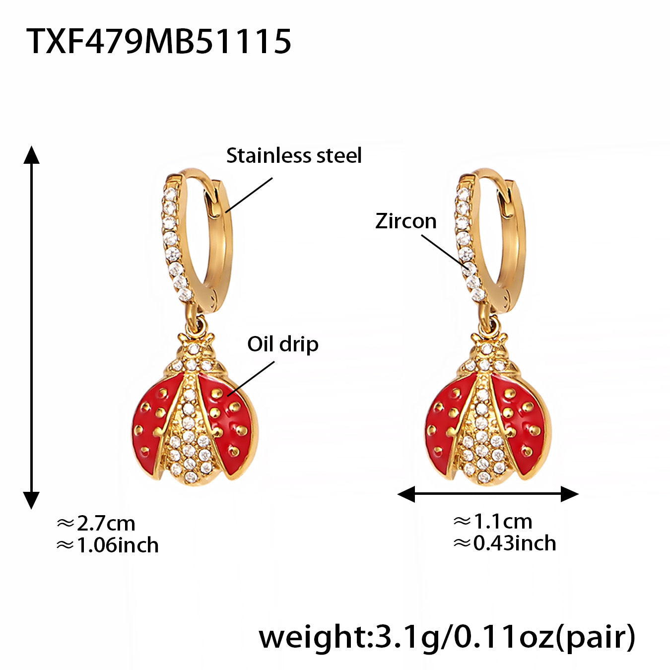 Zirconia Inlaid Enamel Ladybug Jewelry Set - 18K Gold Plated - Image 5