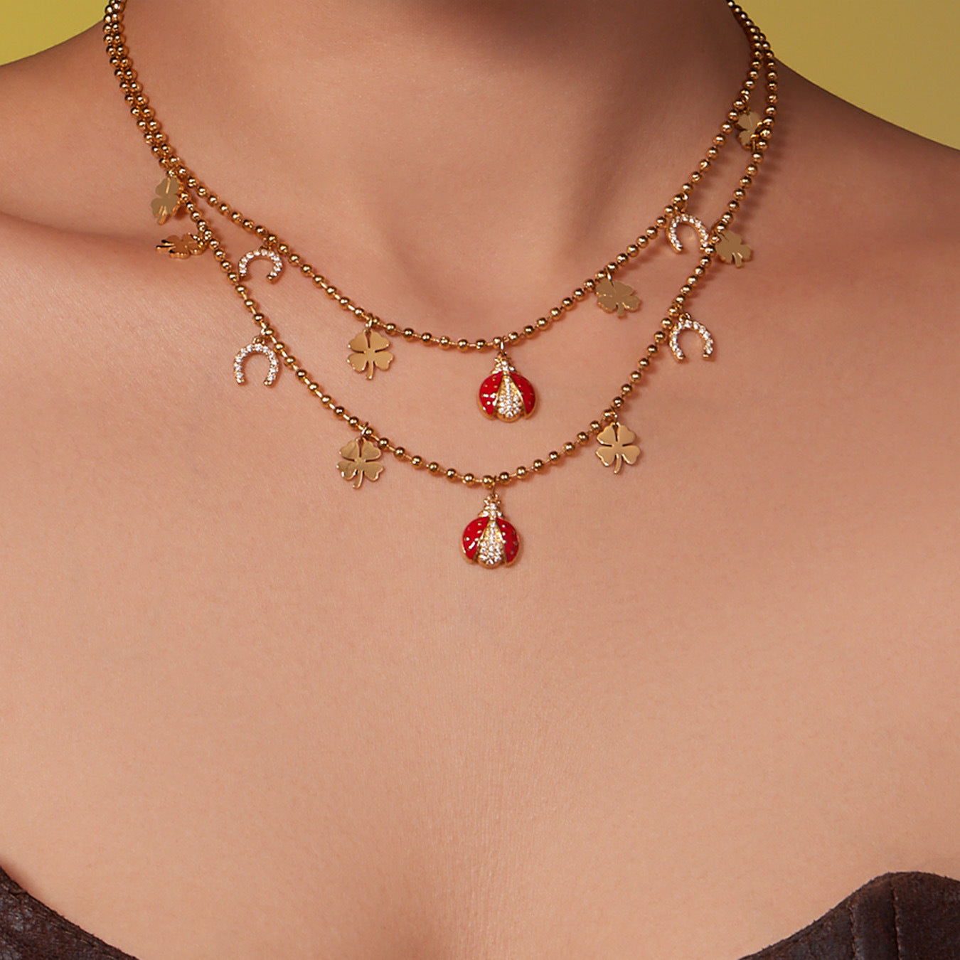 Zirconia Inlaid Enamel Ladybug Jewelry Set - 18K Gold Plated - Image 9